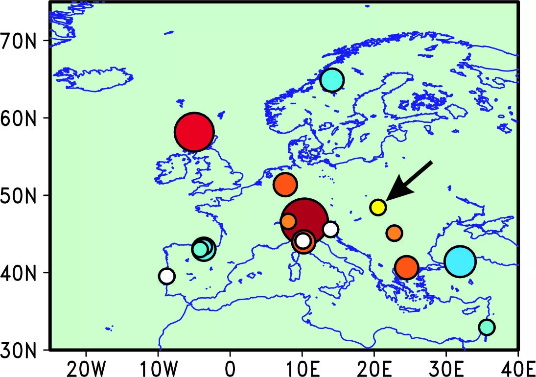 Spatial distribution of correlations between the Nagy Tufa carbon isotope record and the selected speleothem records. Red: positive correlation. Blue: negative correlation. The size of circles is proportional to the correlation coefficient. The yellow cir