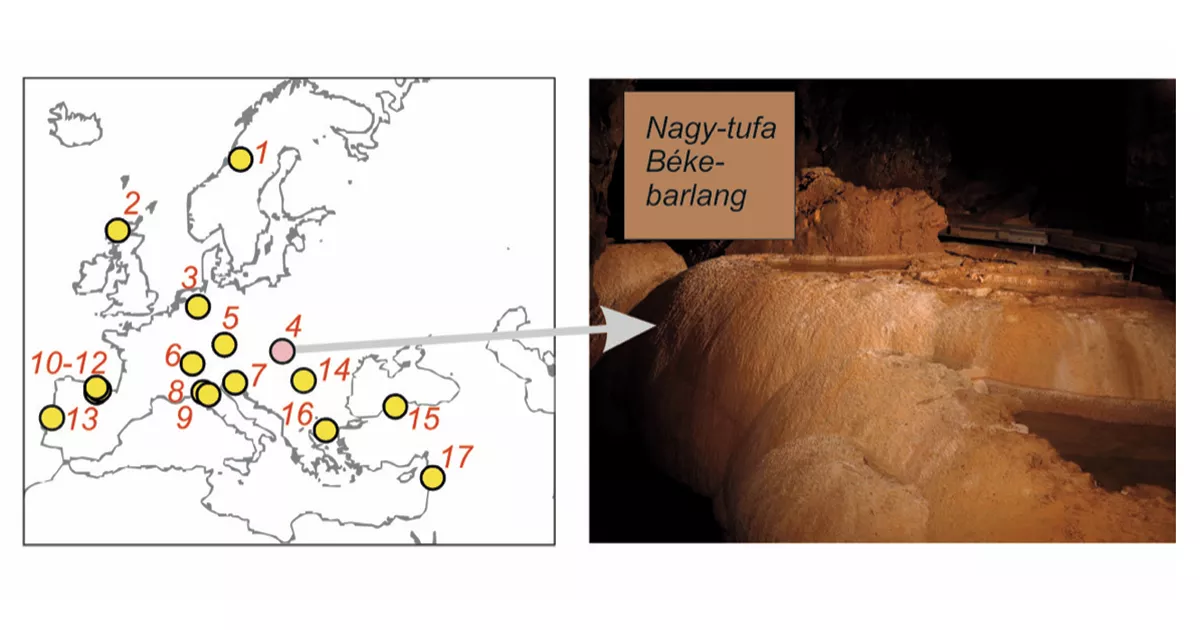 The investigated speleothem locations and the Nagy Tufa deposit of the Béke Cave (NE Hungary).