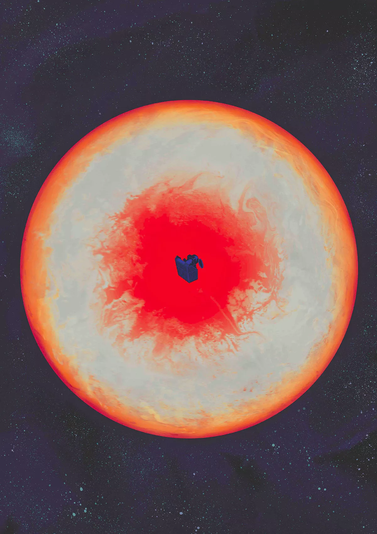 Here we can see the planet WASP-189b from its star. In the middle is the silhouette of CHEOPS, which – also close to our imaginary point of view – looks as if it is revolving around WASP-189b (Frederik Peeters / David Ehrenreich)