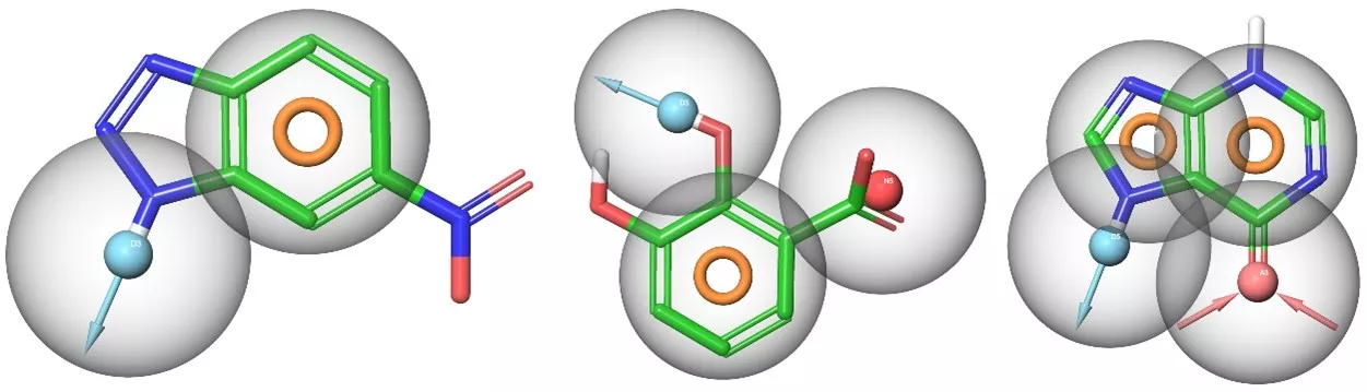 Typical 2-point, 3-point and 4-point pharmacophores identified at binding hotspots. Spheres indicate polar features (H-bond acceptors, donors and ionic centers), rings indicate aromatic features.