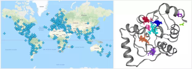 Hotspots available in central Barcelona and in the MELK kinase On the left: a higher number of blue rectangles indicates a better chance of connection. On the right: a higher number of coloured FTMap probes at a certain location indicates a stronger hotsp