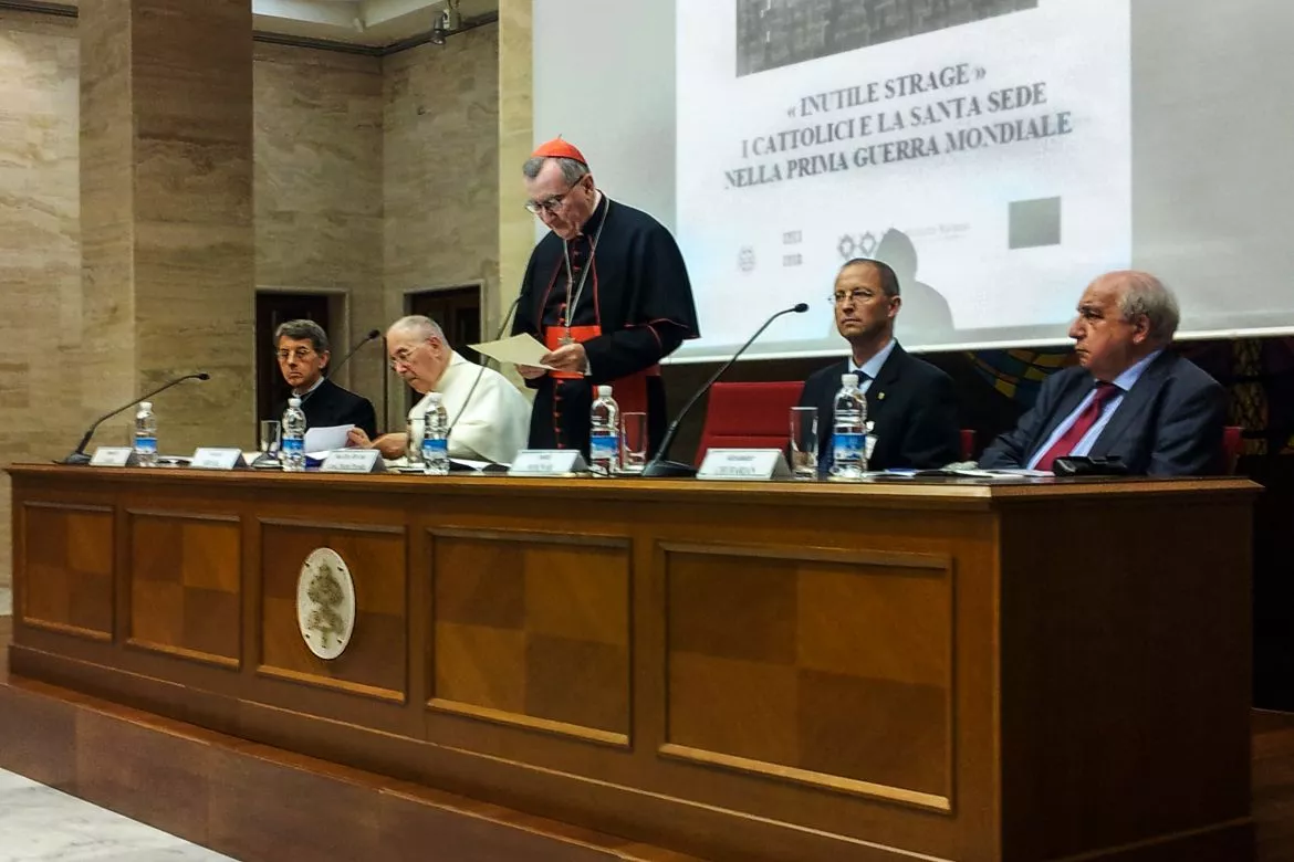 Joint conference of the Papal Committee for Historical Sciences and the Hungarian Academ of Rome, 2014. In the middle, Cardinal Pietro Parolin, Secretary of State of the Holy See, to his left P. Bernard Ardura, O. Praem, Chairman of the Commission, to the